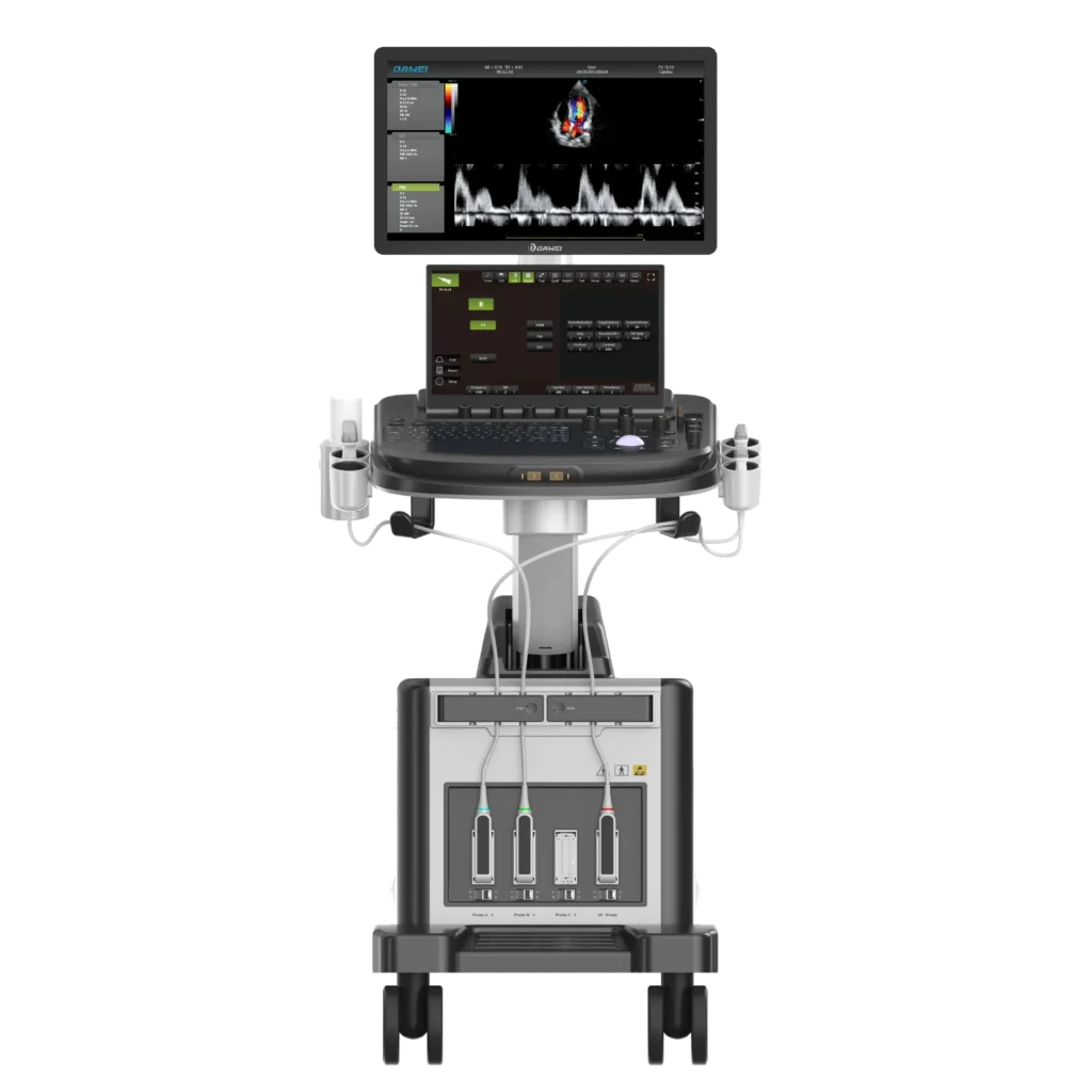 Front view of an advanced ultrasound machine with a monitor displaying imaging and wave data, control panel, and connected probes.