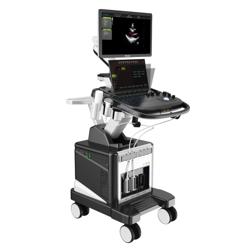 Advanced ultrasound machine with adjustable monitor, control panel, probes, and a wheeled base, displaying a scan image.