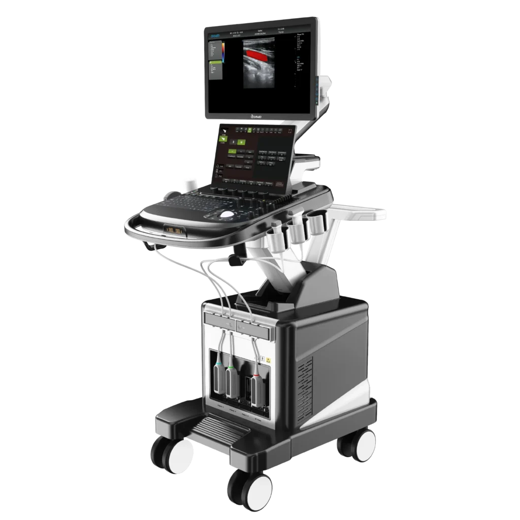 An advanced ultrasound machine with a monitor, control panel, and mobile cart featuring multiple probe slots and cables.