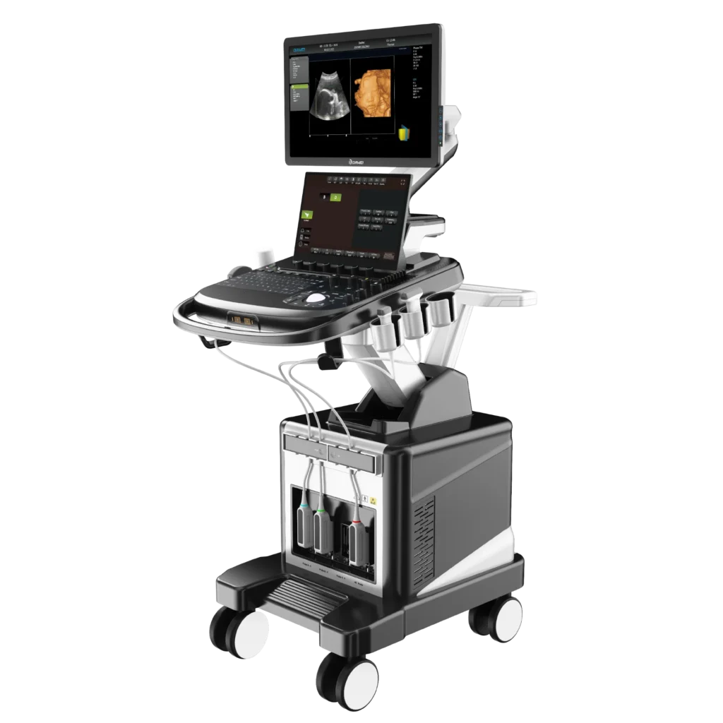 Advanced medical ultrasound machine with screen displaying 2D and 3D imaging, control panel, and mobile base.