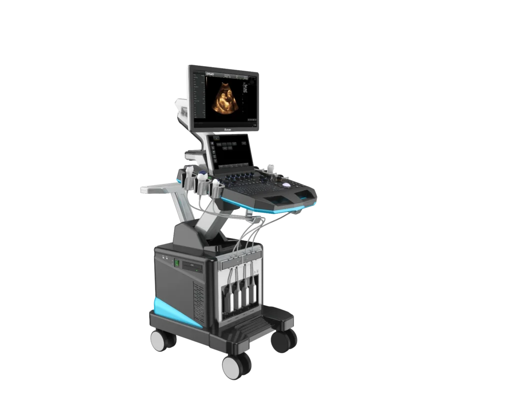 Advanced portable ultrasound machine with an attached monitor displaying a medical scan. The machine has a sleek design with wheels for mobility and multiple ports for probes.