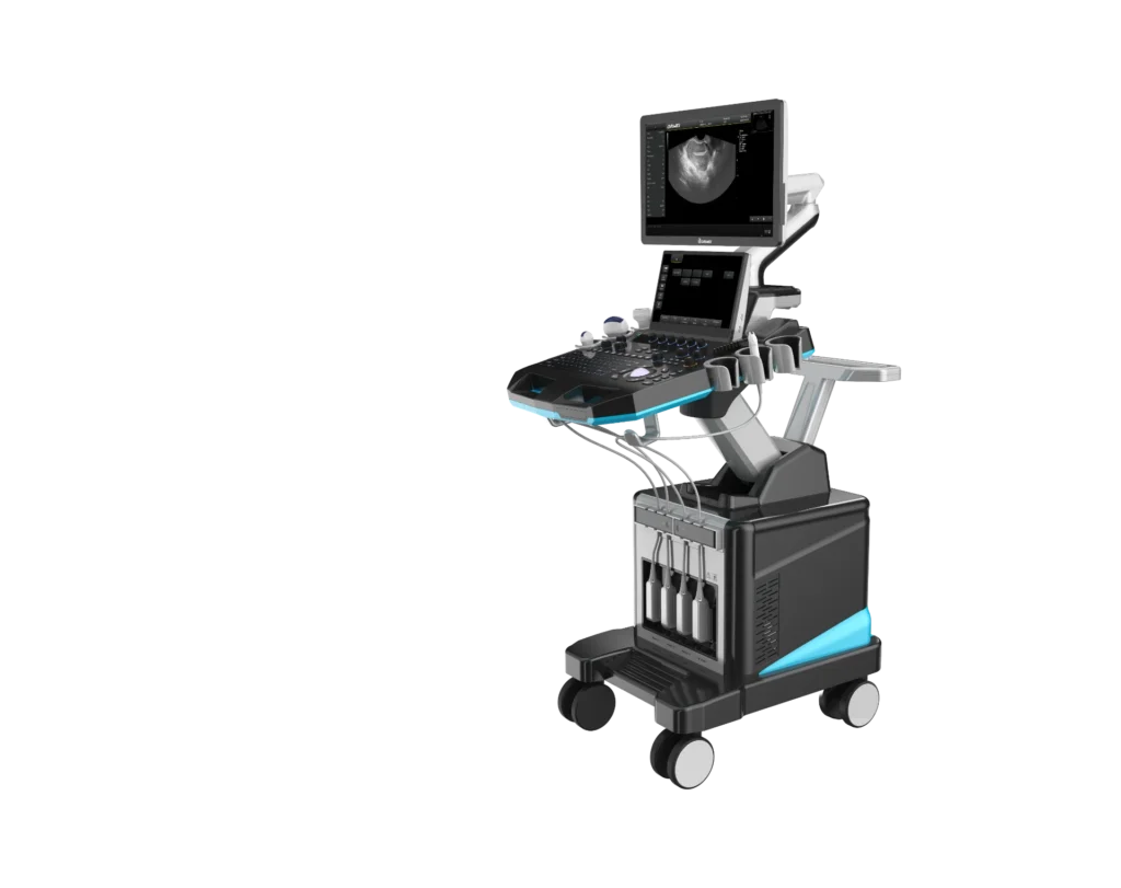 A modern ultrasound machine equipped with a digital screen displaying an ultrasound image, multiple control knobs, and attached probes on a wheeled base.