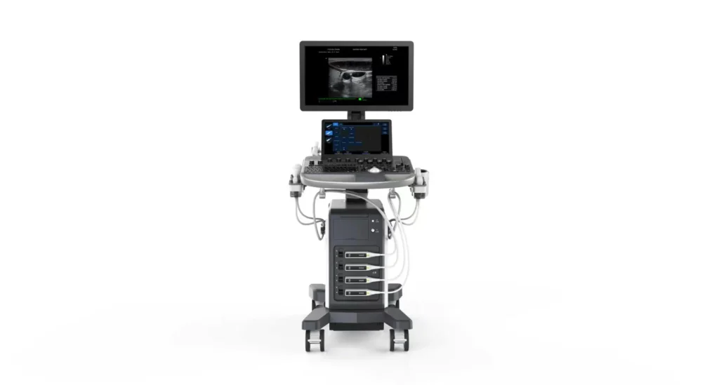 Front view of a modern ultrasound machine with monitor and control panel against a white background.