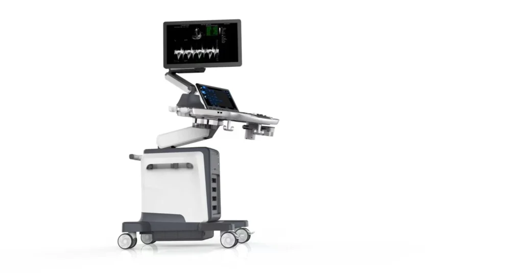State-of-the-art ultrasound machine featuring an integrated monitor displaying scan results, adjustable console, and wheeled base.