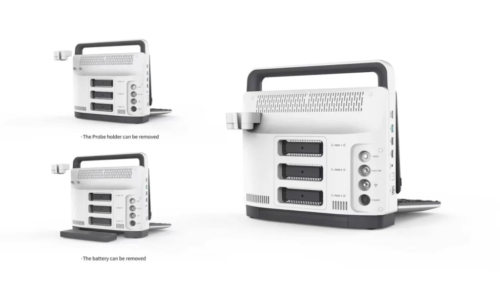 A modular portable medical device featuring a handle, three labeled ports, and removable components like a probe holder and battery.