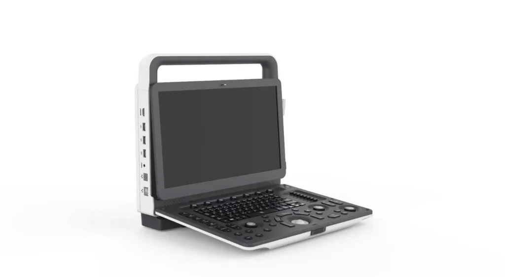 Portable ultrasound machine featuring a built-in keyboard, screen, and multiple input ports, designed for medical diagnostics.