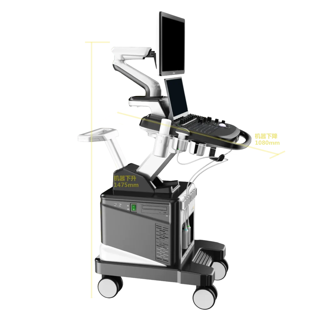 Medical ultrasound machine featuring labeled dimensions, a monitor, control panel, and wheeled base, shown in a profile view.