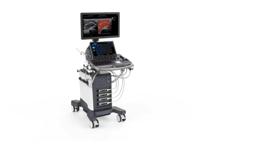 Advanced ultrasound machine with a monitor displaying medical imaging, ergonomic controls, and multiple cables on a wheeled base.