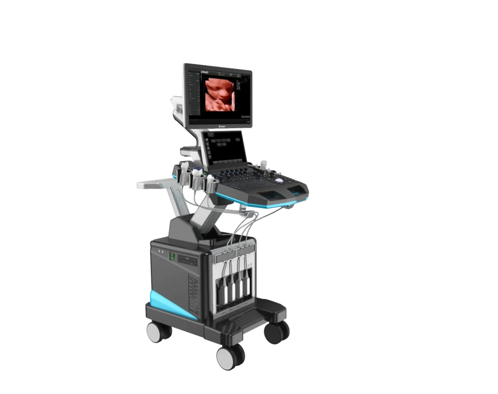 A modern ultrasound machine featuring a detailed display screen showing a 3D image of a fetus, with control panel and mobility wheels.