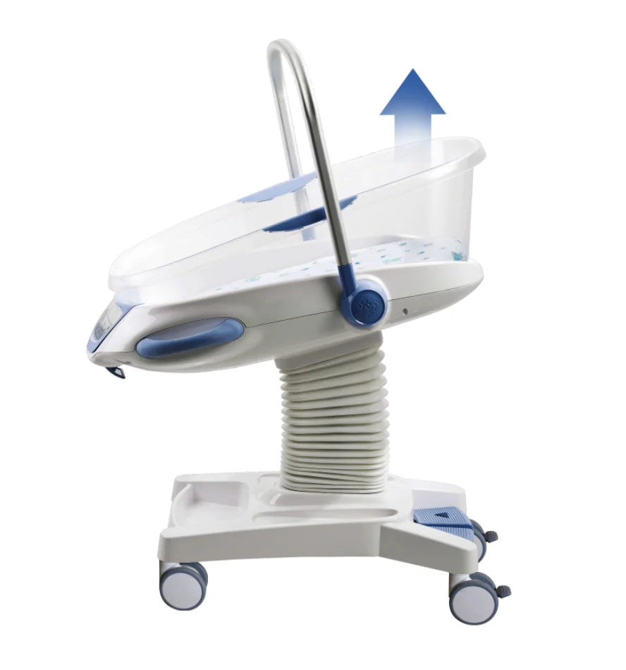 Adjustable baby bassinet with hydraulic height feature and wheels, shown in a white design with blue accents.