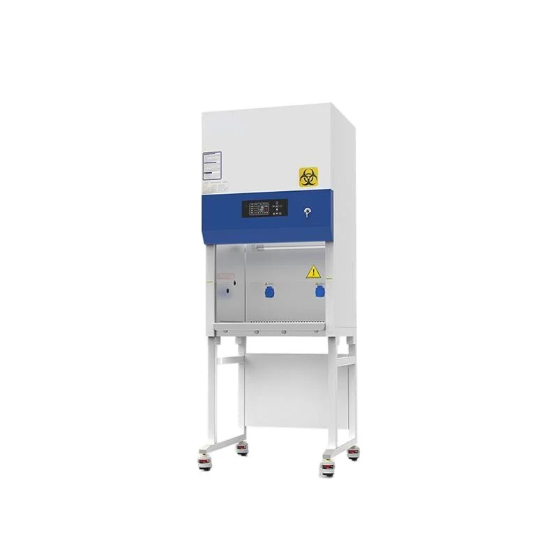 A white and blue biosafety cabinet designed for laboratory use, featuring control panels, warning symbols, and an enclosed workspace.