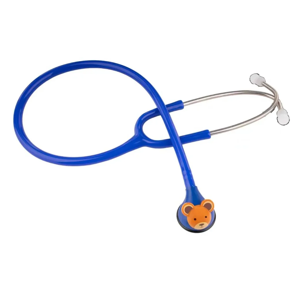 Blue stethoscope designed for pediatric use with a cute orange bear decoration on the chest piece against a white background.