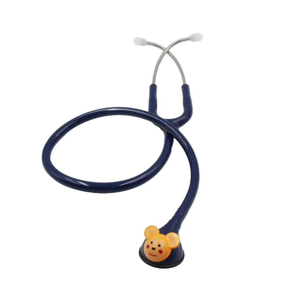 Blue pediatric stethoscope featuring a bear-themed chest piece on a white background.