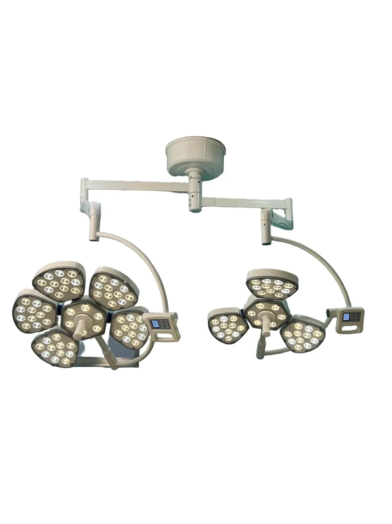 Dual-head ceiling-mounted LED surgical lights with adjustable arms and multiple bulbs, designed for operating rooms.