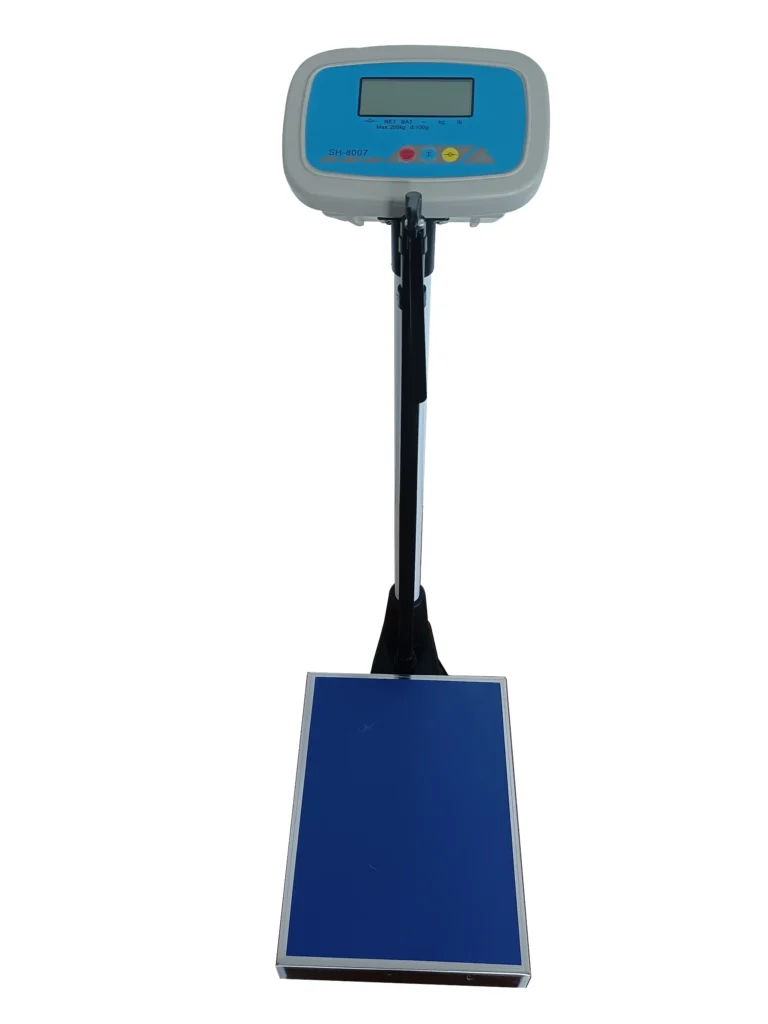 A digital platform weighing scale featuring a blue platform and an LCD display on a mounted stand.