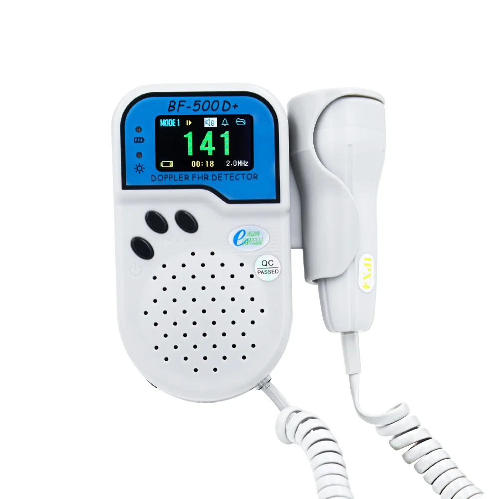 BF-500D+ Doppler Fetal Heart Rate (FHR) detector with a digital display showing a reading of 141, and a connected probe.