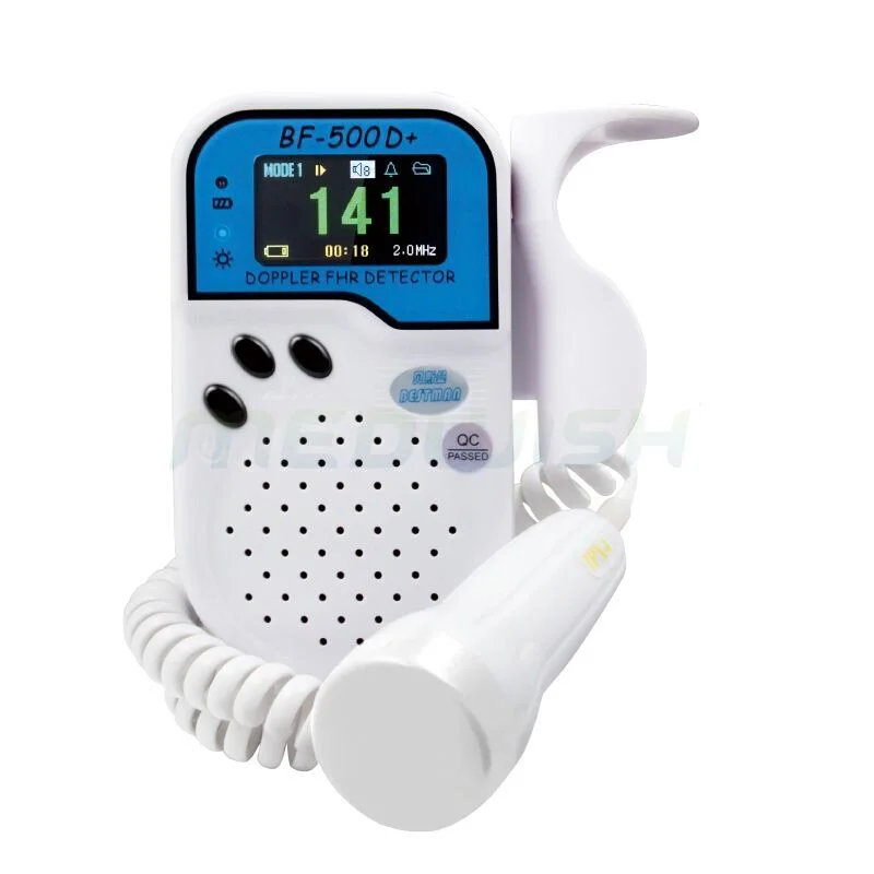 BF-500D Doppler FHR detector featuring an LCD screen showing 141 bpm, a coiled probe, and functional buttons.