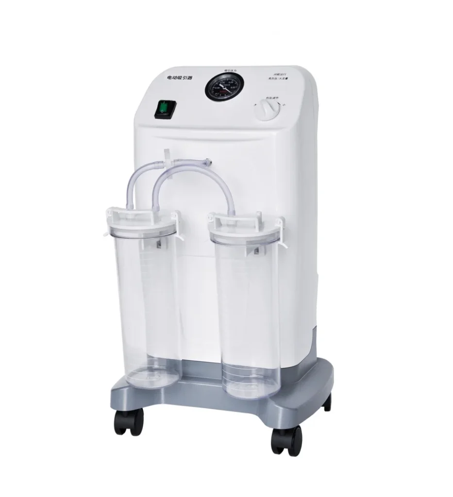 White electric medical suction machine with dual transparent containers, pressure gauge, and wheels for mobility.