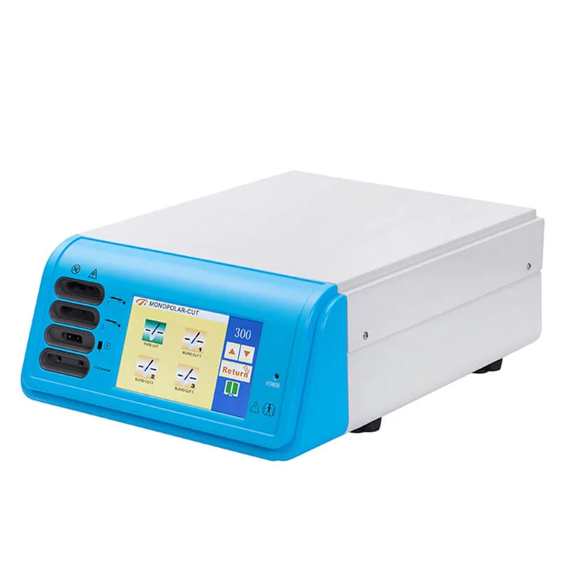 Electrosurgical generator device featuring a blue control panel and touchscreen interface for medical procedures.