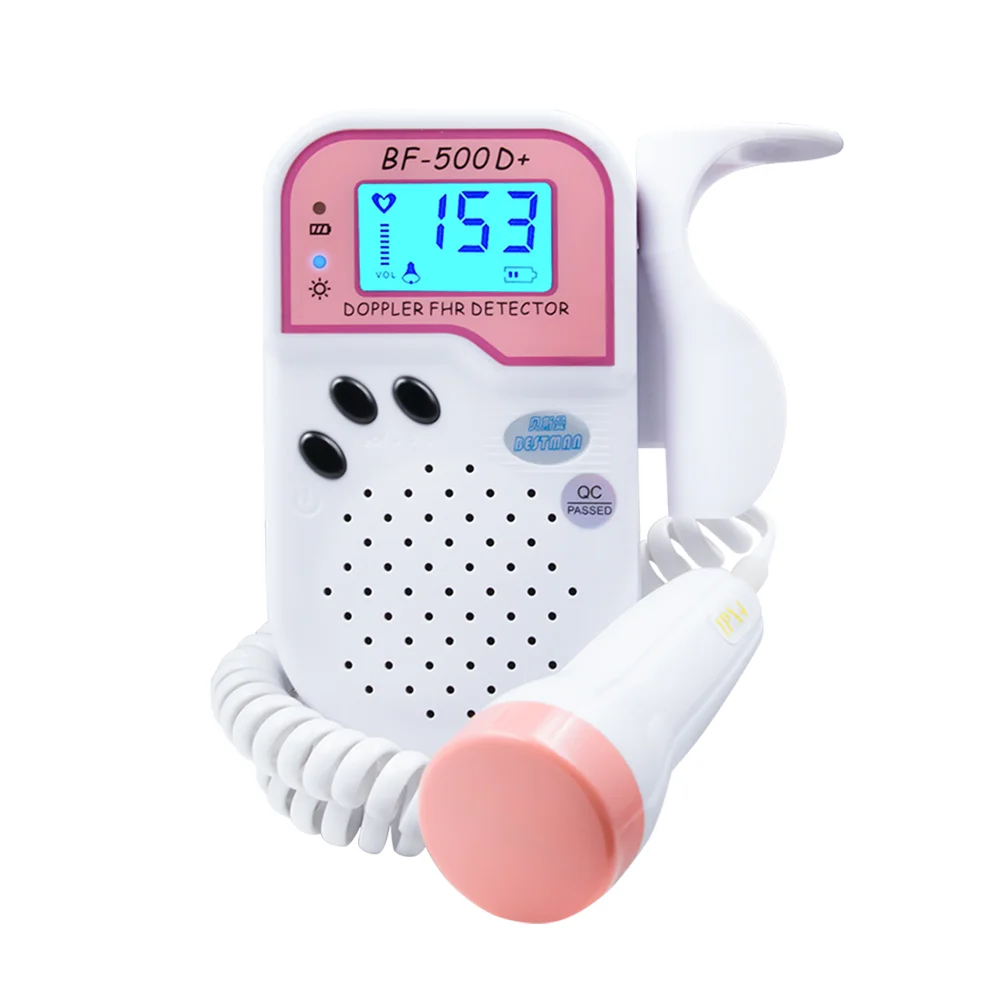 Portable fetal Doppler heart rate monitor with pink and white design, LCD screen displaying heart rate, and coiled probe cord.