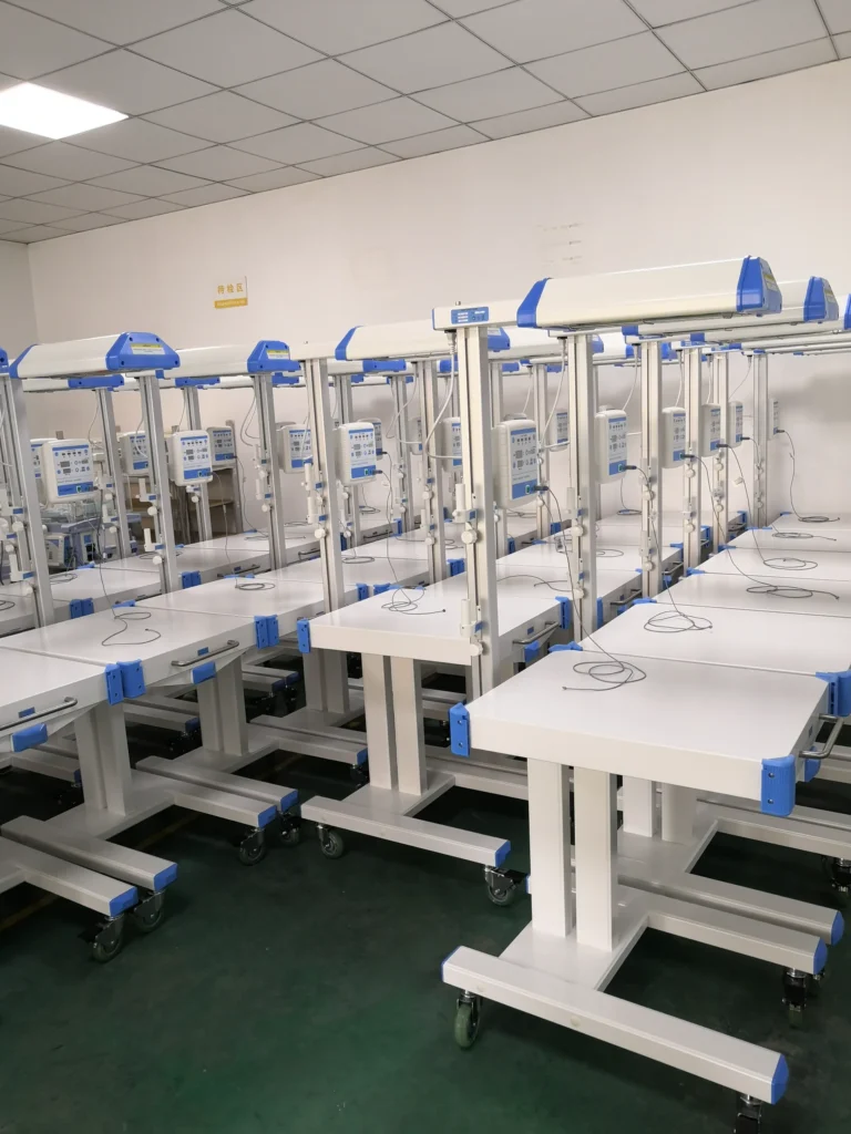 A row of medical infant care equipment with white and blue frames and attached monitors in a hospital storage room.