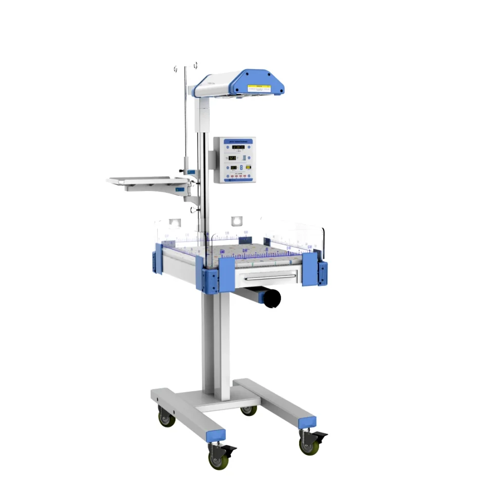 A modern infant radiant warmer with an overhead heating unit, control panel, and adjustable bed, used for neonatal care in hospitals.