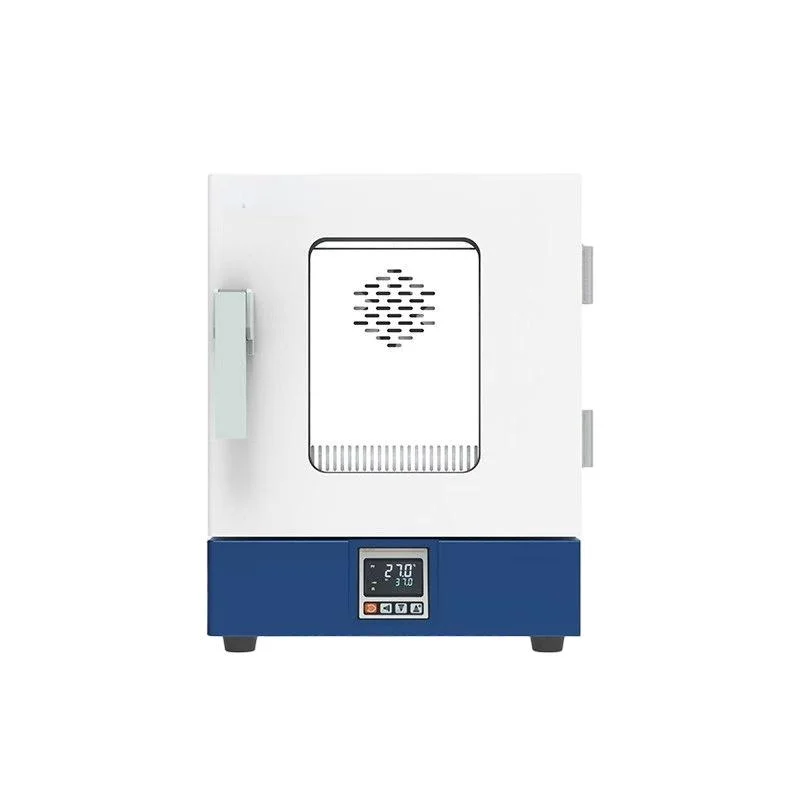 Front view of a laboratory drying oven with a white body, blue base, and a digital temperature control display.