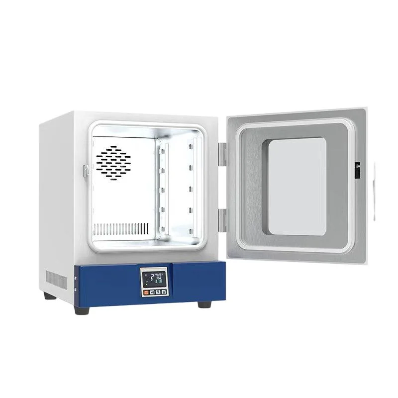 A laboratory drying oven with an open door, featuring a digital temperature display and adjustable shelving.