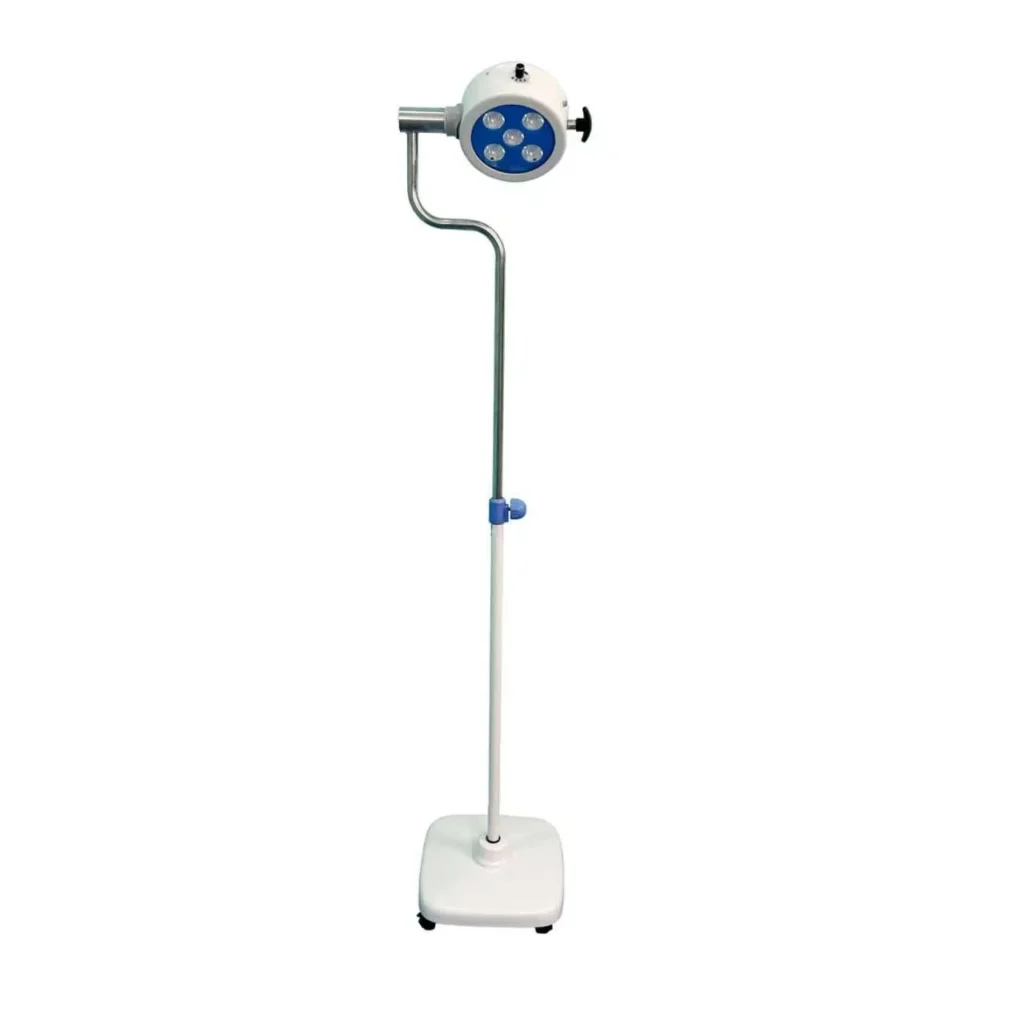 Adjustable medical stand with a round LED light head on a wheeled base, featuring a sleek white and blue design.