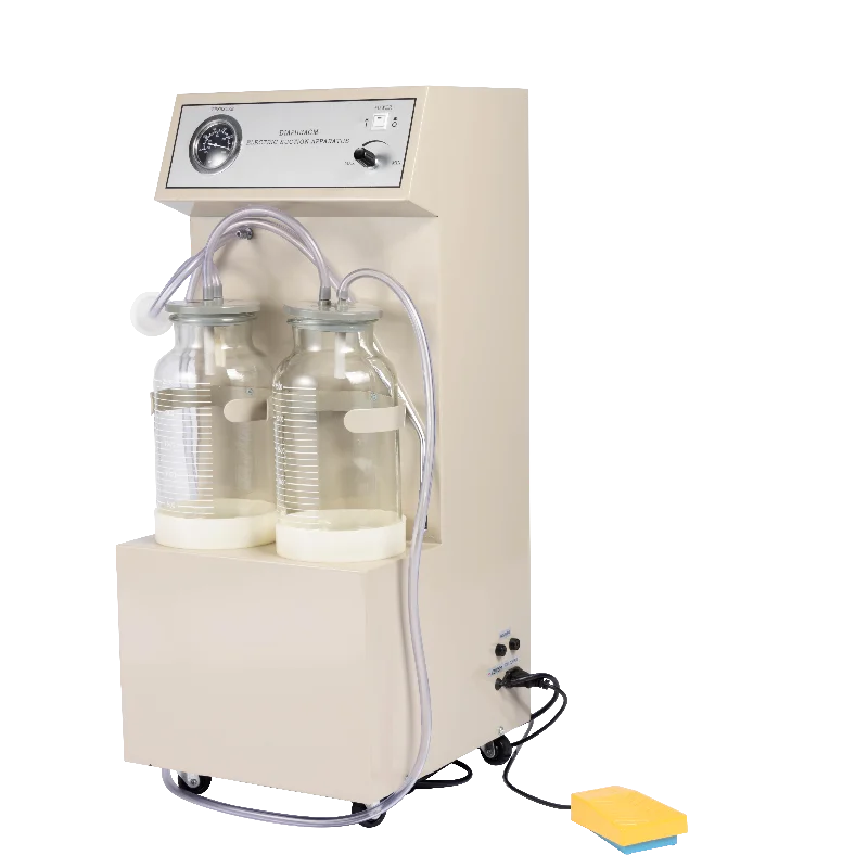 Medical suction machine featuring dual glass jars, tubing, and a control panel with a foot pedal, used for various medical applications.