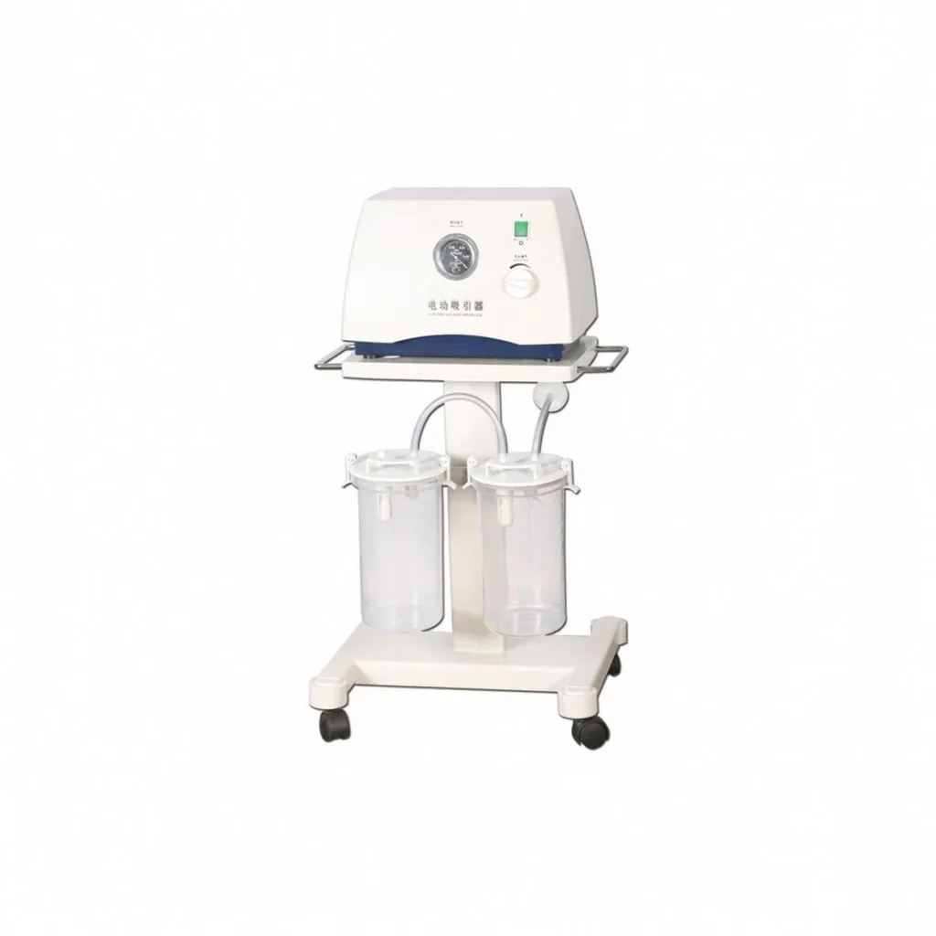 A medical suction machine with dual transparent canisters, control unit, and wheeled base for mobility, used in healthcare settings.