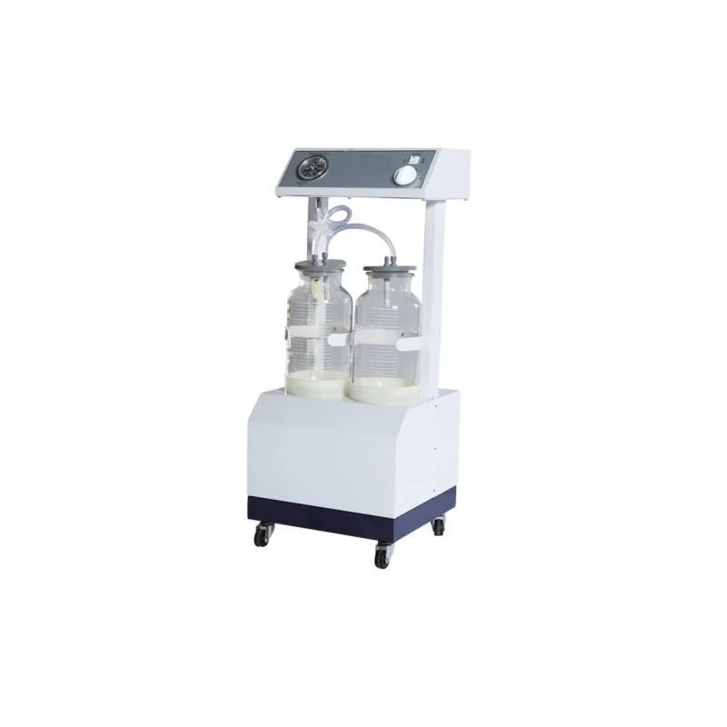 Medical suction machine with two transparent containers on wheels, featuring control dials on a top panel.