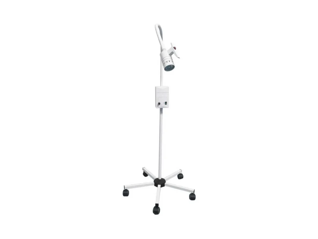 Mobile medical examination light with a flexible head and adjustable height on a wheeled stand, designed for medical use.