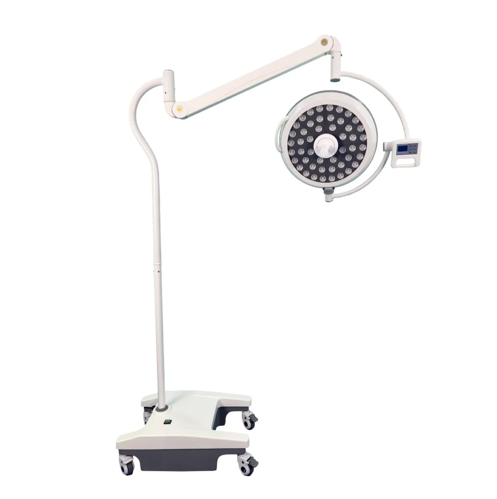 Mobile LED surgical operating light with adjustable arm and rolling base, featuring multiple LED light configuration for medical use.