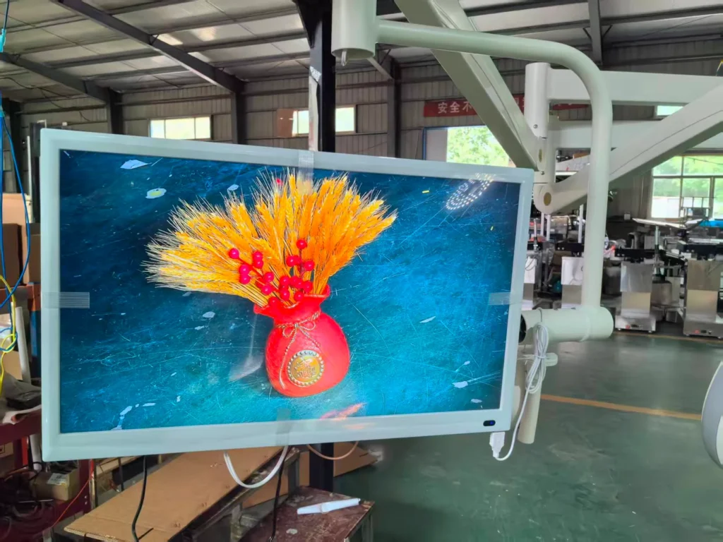 A monitor showing an image of a red vase with golden wheat-like decoration and red accents, mounted in an industrial setting.