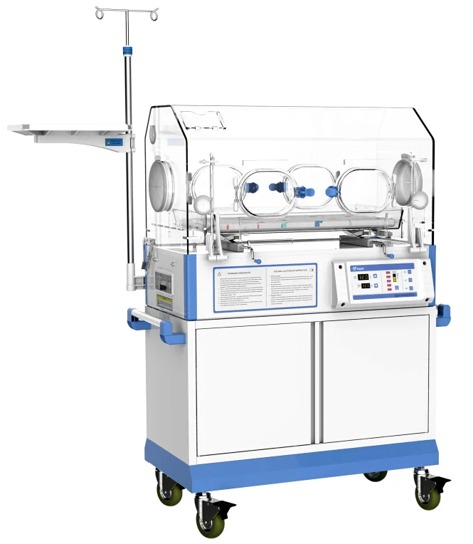 A neonatal incubator featuring clear walls, blue and white design, control panel, and attached IV pole and tray.