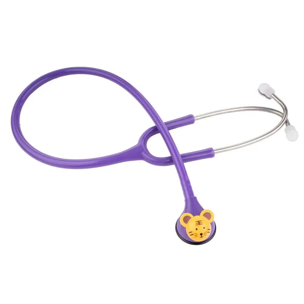 Purple stethoscope with a fun tiger-shaped chest piece designed for use with children, shown against a white background.