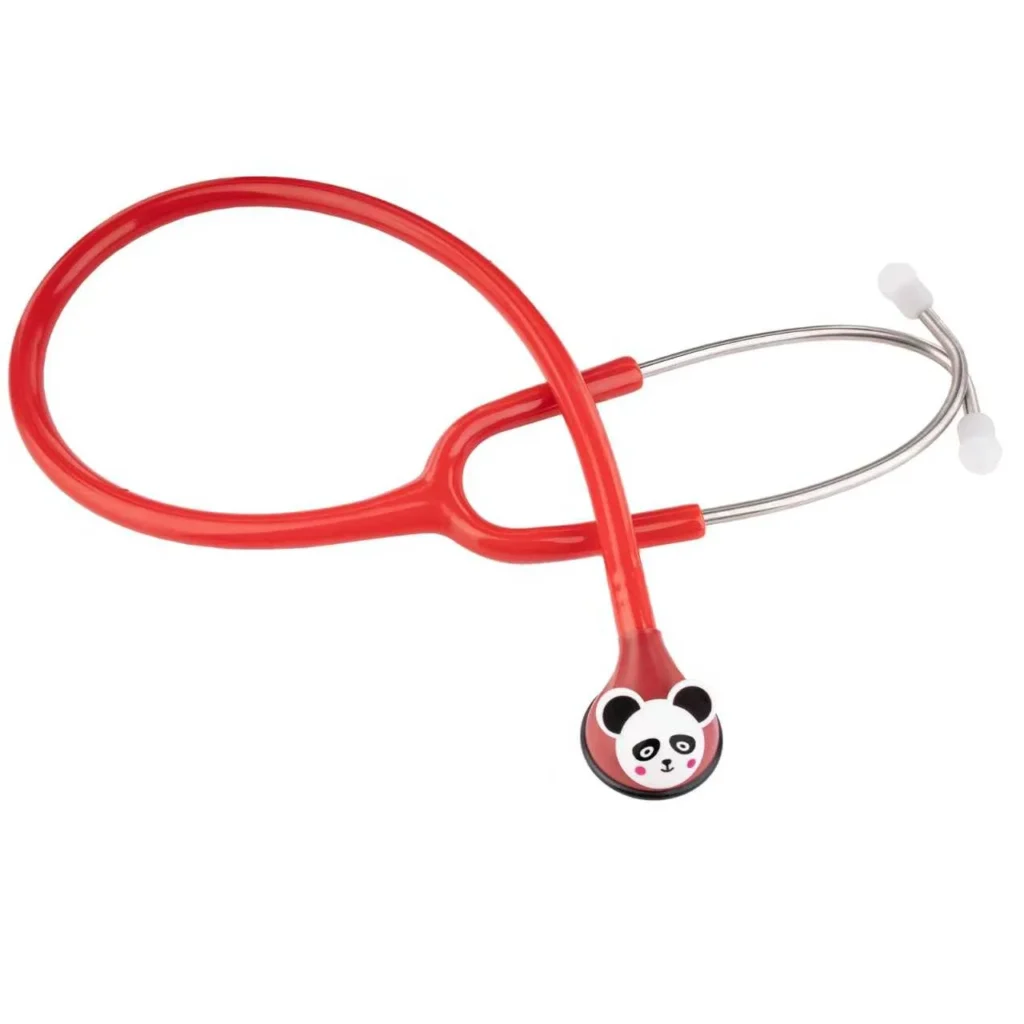Red pediatric stethoscope with a panda design on the chest piece and metal earpieces, designed for children.