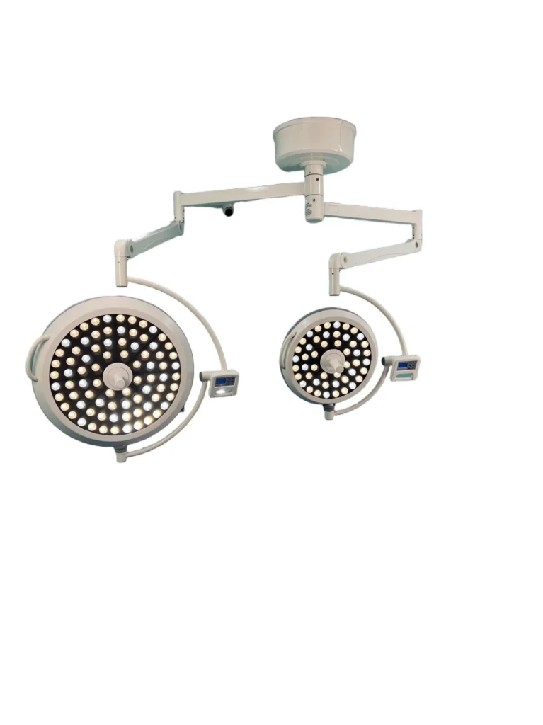 Ceiling-mounted surgical LED operating lights with dual adjustable heads and modern design for medical procedures.