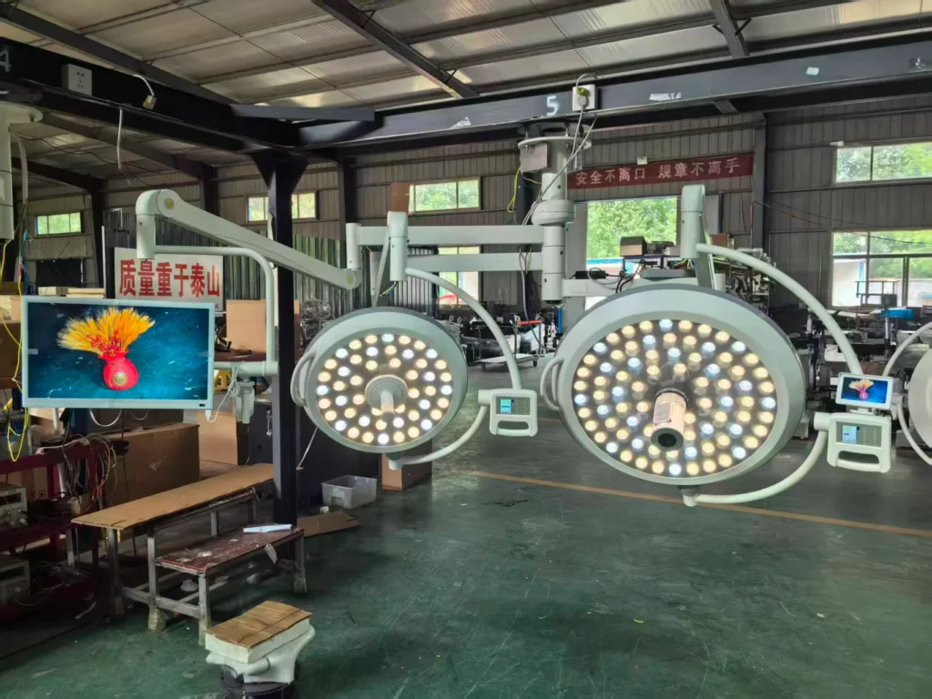 Two adjustable surgical lights with LED bulbs mounted in a factory assembly line, surrounded by equipment and displays.