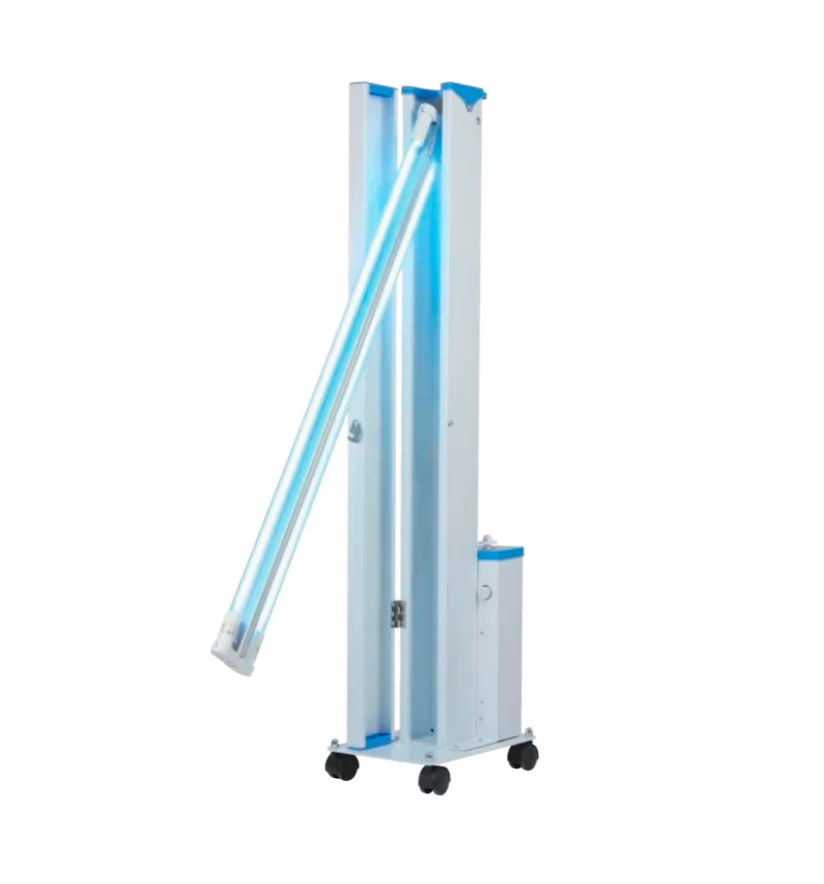 A UV sanitizer disinfection light machine with fluorescent blue light tubes, mounted on a wheeled base for mobility.