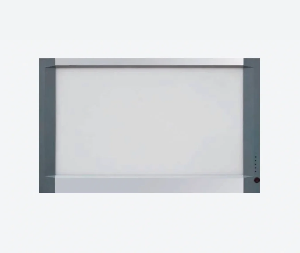 A whiteboard with a minimalist design featuring a rectangular white surface and a gray frame, suitable for office or classroom use.