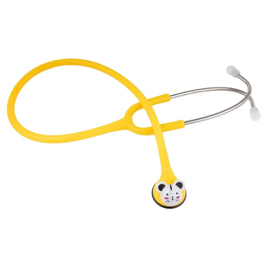 Bright yellow stethoscope with a chest piece shaped like a cartoon animal face, featuring a metal frame and silicone ear tips.