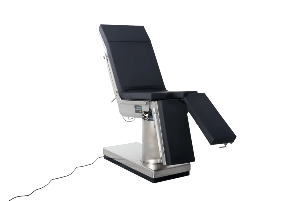 An adjustable medical examination chair with a steel base, padded black cushions, and segmented sections for patient comfort.