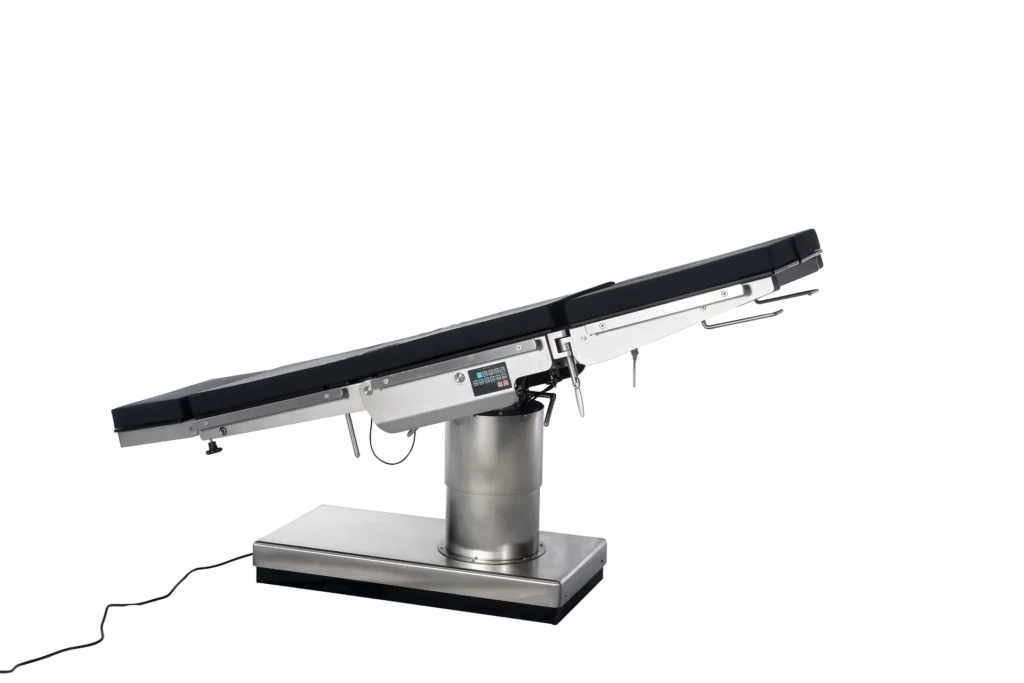 Adjustable surgical operating table with stainless steel frame and black cushioned surface.