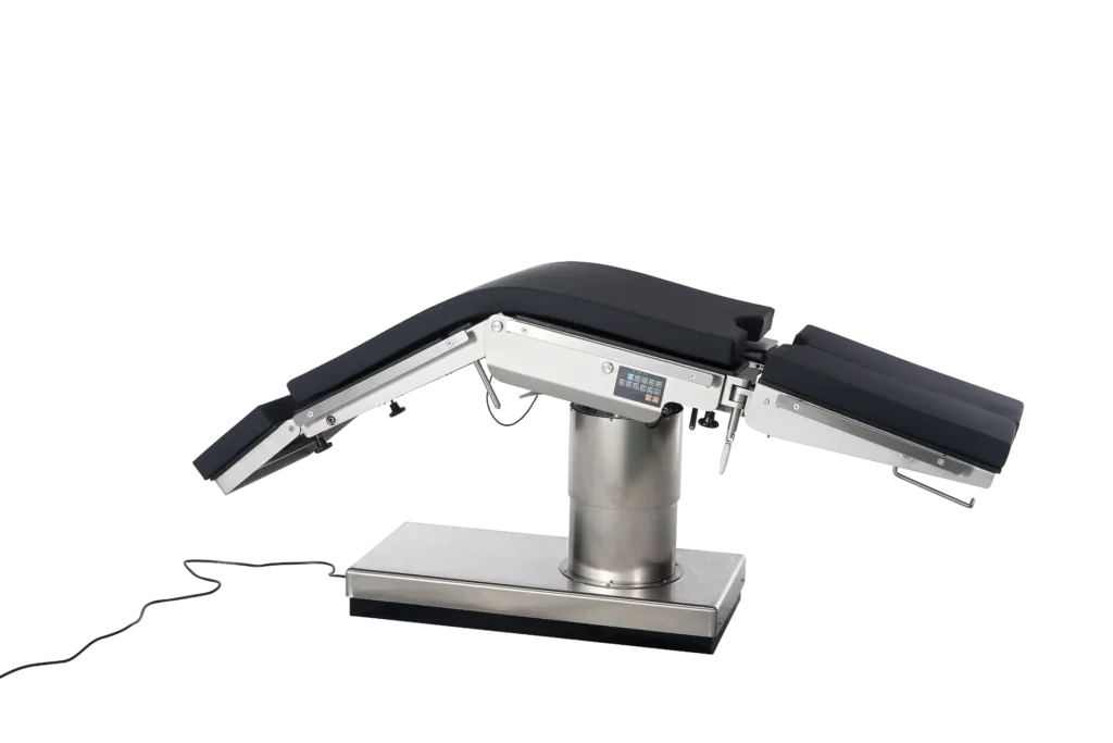 An adjustable surgical operating table with black padded sections and a metallic base, shown on a white background.