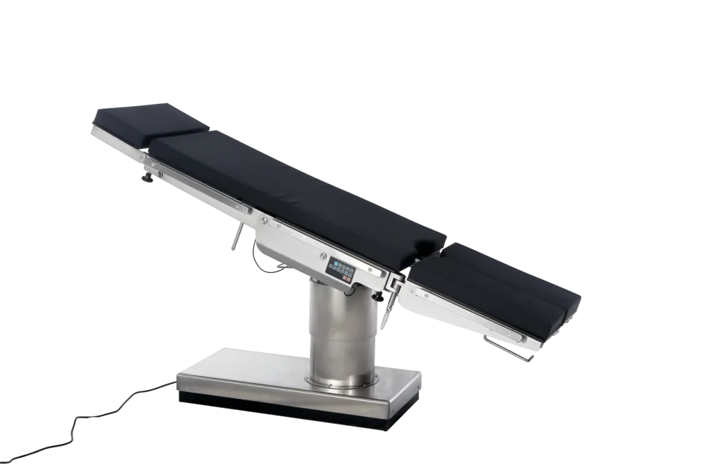 Modern adjustable surgical operating table with black padding and stainless steel base on a white background.