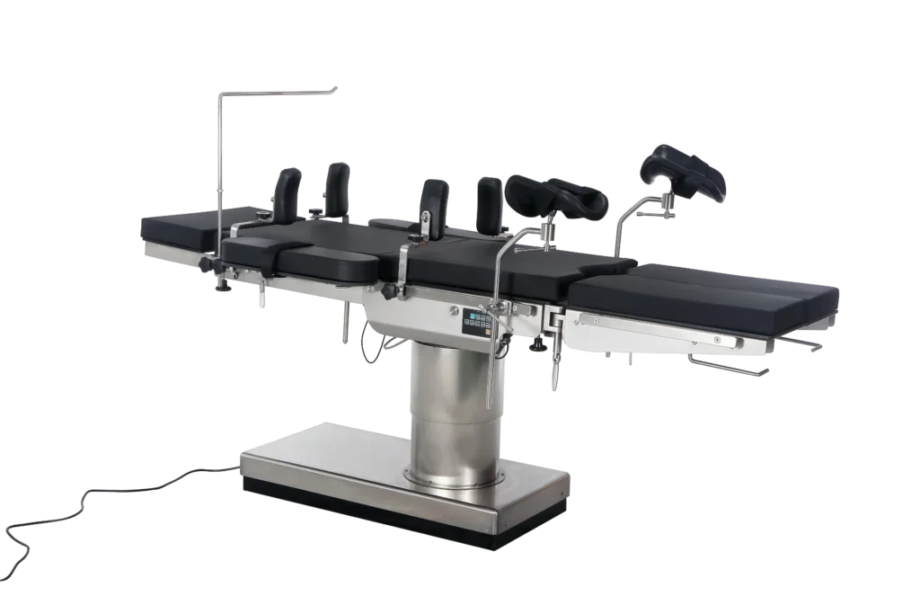 Modern black and stainless steel surgical operating table with adjustable components and sections, designed for medical procedures.