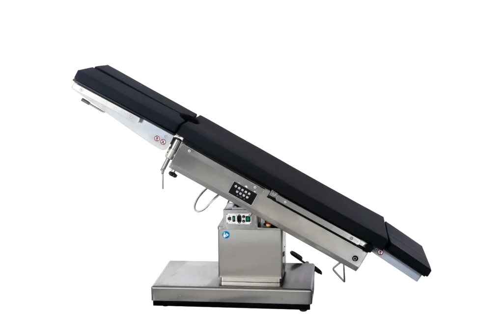Side view of a modern adjustable surgical operating table with a black cushioned surface and a metallic base, designed for medical procedures.