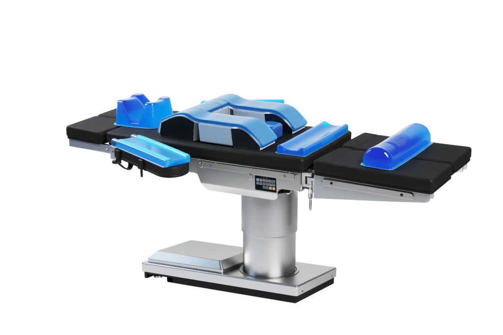 A modern surgical operating table with black base and blue gel-like cushioning, featuring adjustable sections and a metal pedestal.